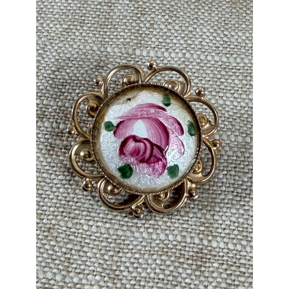 Vintage Guilloche Enamel Rose Brooch Pin Gold Tone Scalloped Filigree Floral